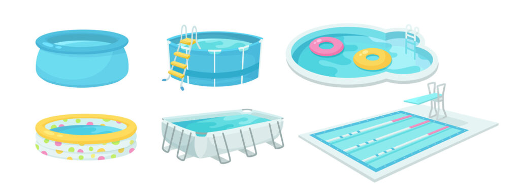Cartoon-Illustrationssammlung von verschiedenen Arten von aufblasbaren und festen Pools für Sommeraktivitäten im Freien
