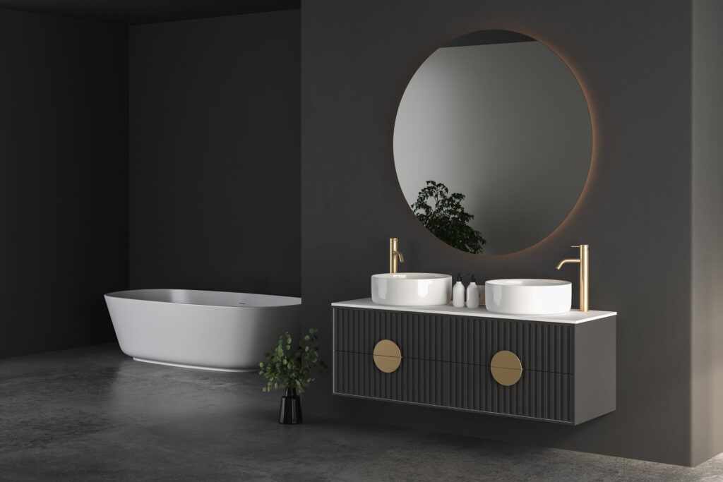 Modernes minimalistisches Bad Interieur, modernes Bad Schrank, Doppel-Waschbecken, Innenraum Pflanzen, Bad-Accessoires, Badewanne und WC