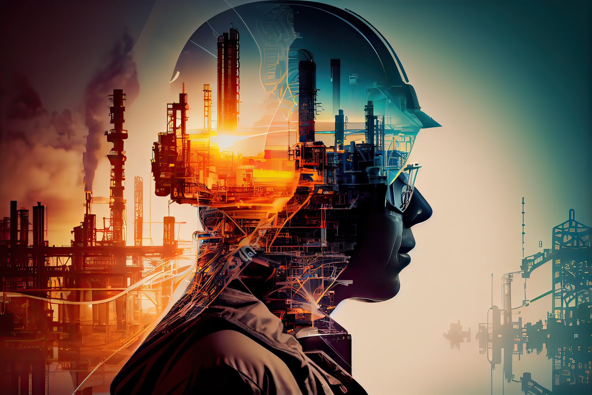 Generative KI-Illustration eines doppelt belichteten Arbeiterkopfes, einer Öl-, Gas- und petrochemischen Raffinerieanlage demonstriert die Zukunft der Elektrizität