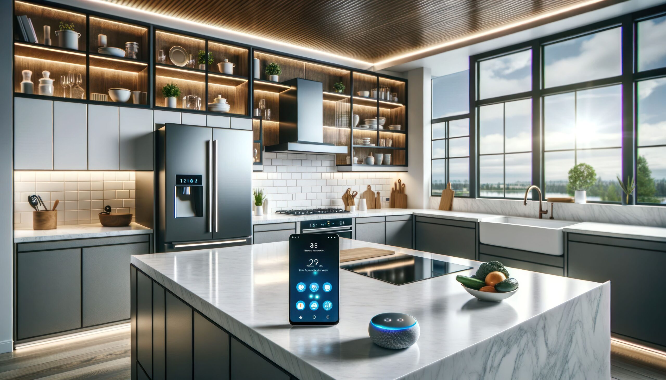 Ein elegantes, futuristisches Smart-Home-Gerät steht auf einer makellosen Kücheninsel, umgeben von Innenschränken und beleuchtet von natürlichem Licht, das die Wand strömt.