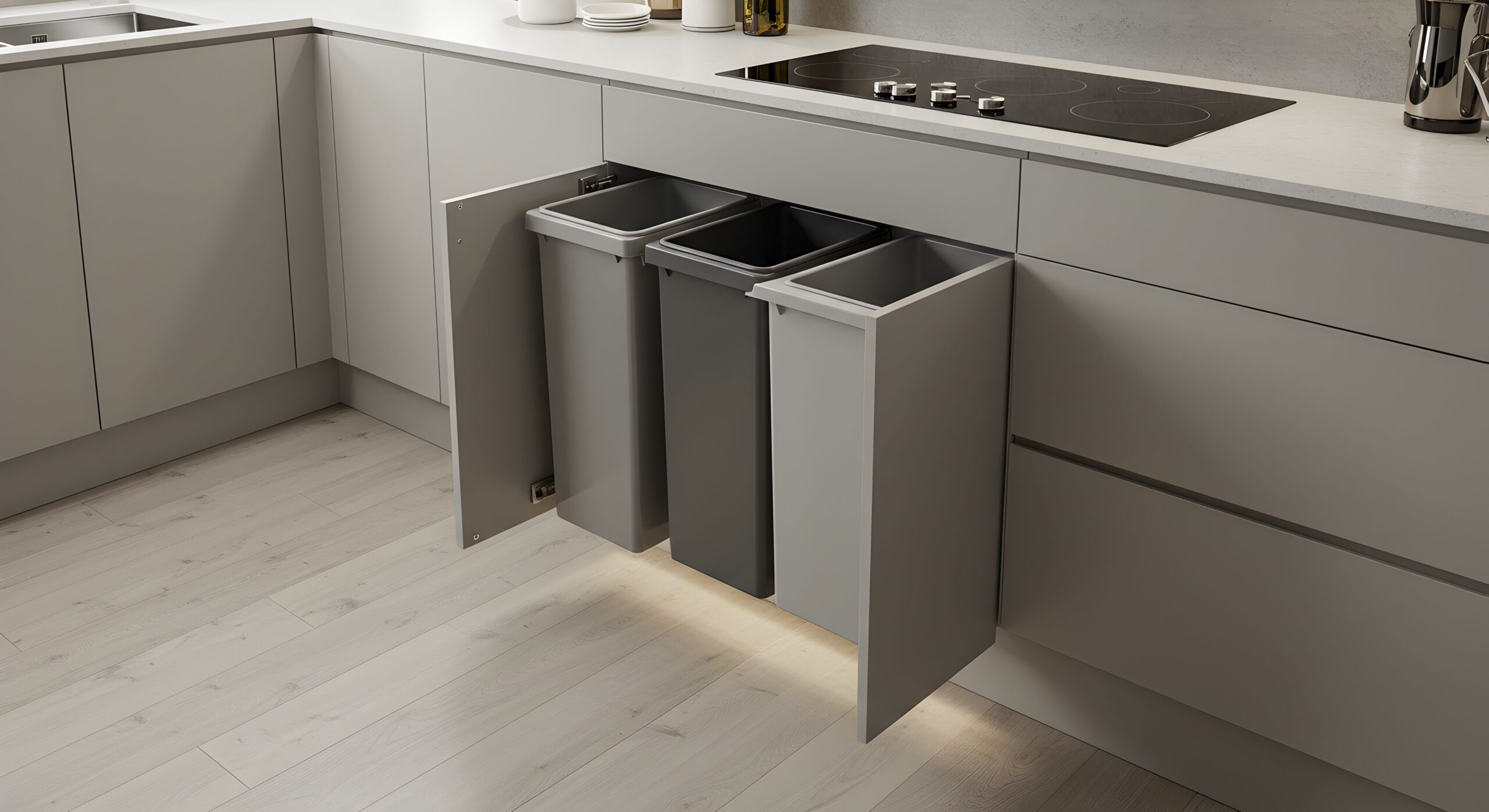 Ausziehbares Mülltrennsystem mit drei Behältern in einem modernen Küchenschrank