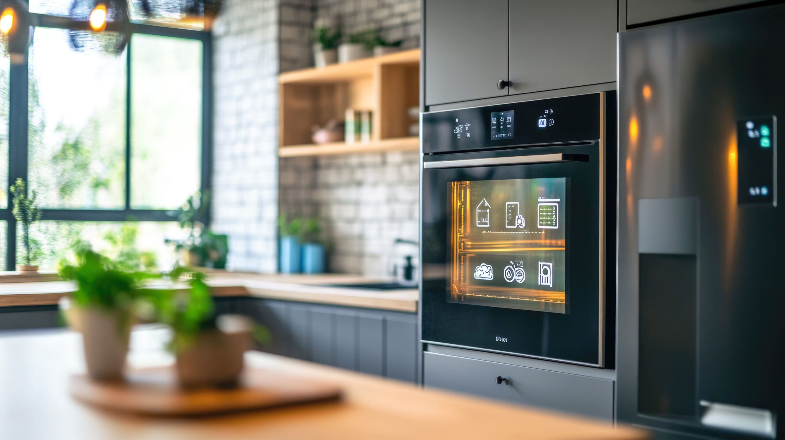 Moderne smarte Küche mit hochmodernem Touchscreen-Ofen und elegantem Innendesign