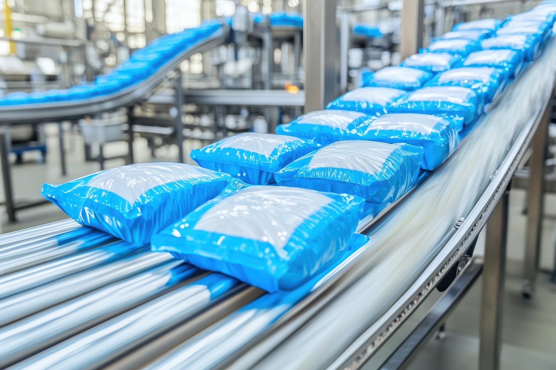 Verpackte Beutel auf Förderband | Palettenwickler kaufen